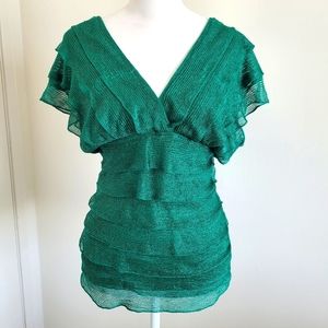 Studio M Women's Blouse Layered Ruffle Top Gausy Strechy Shiny Teal Deep V Neck